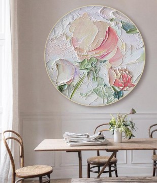 テクスチャード加工 Painting - パレットナイフの壁の装飾テクスチャによるピンクの花の丸い
